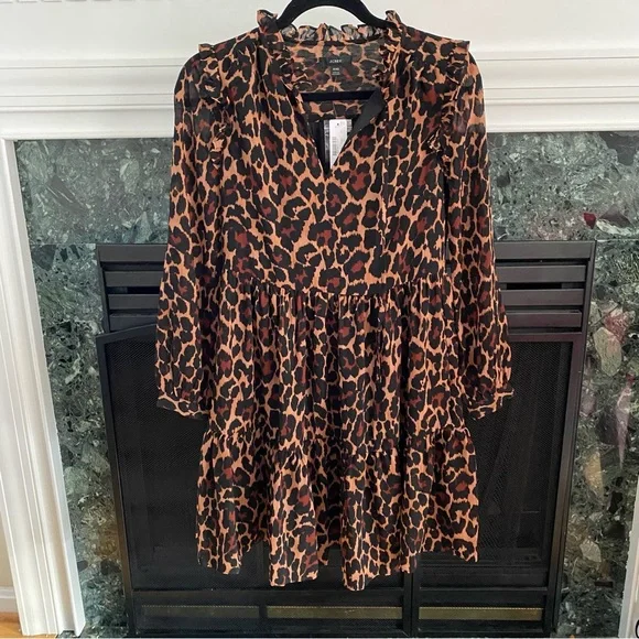 J. Crew Tie-Neck Dress in Leopard Crinkle Chiffon, size XXS, NWT - Picture 2 of 16